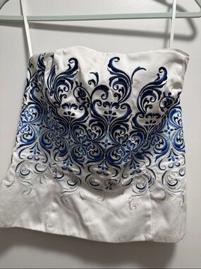 White Strapless Corset Top with Blue Embroidered Scrolls